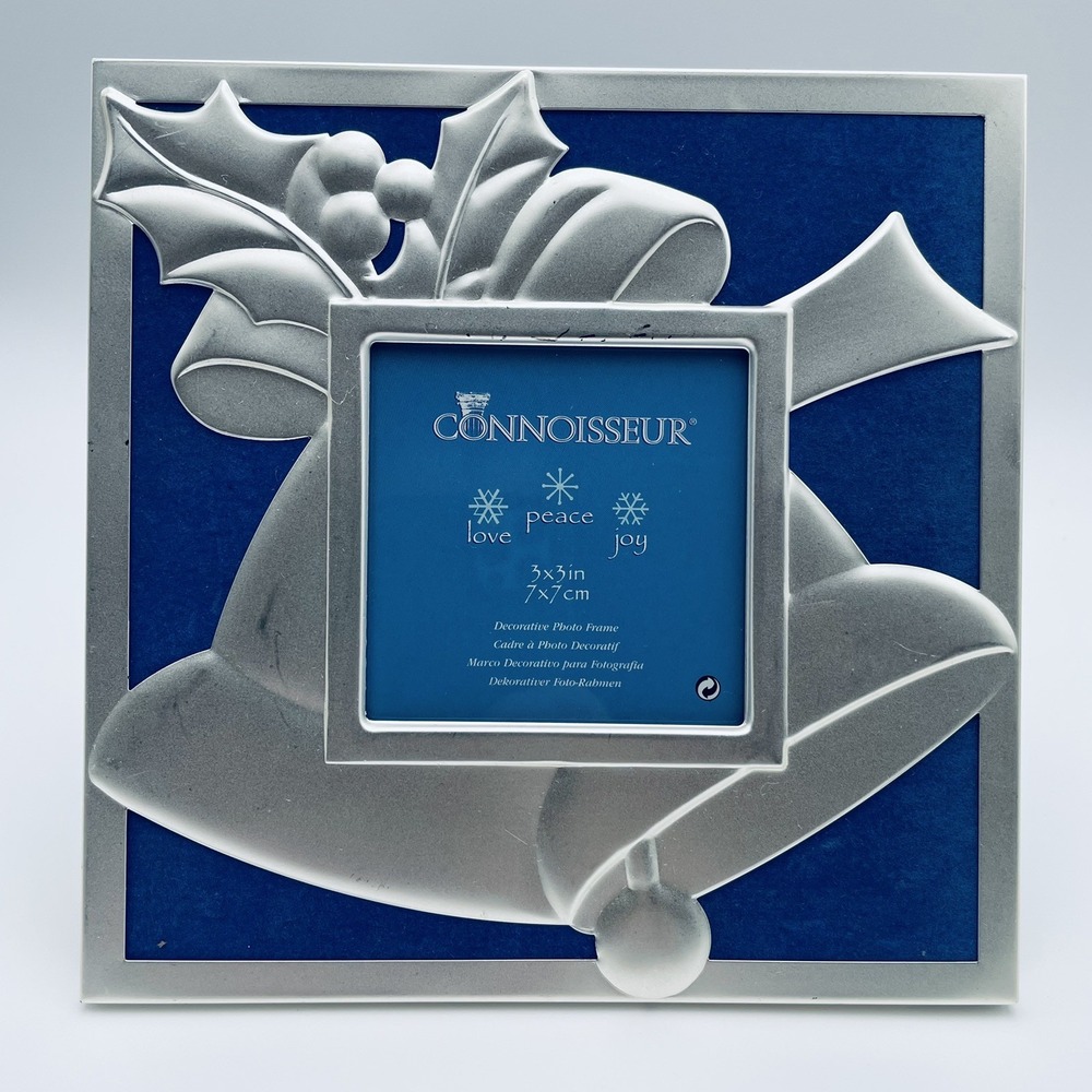 Connoisseur Silver Christmas Bells Holly Picture Frame Blue‎ 3x3 Tabletop 182346